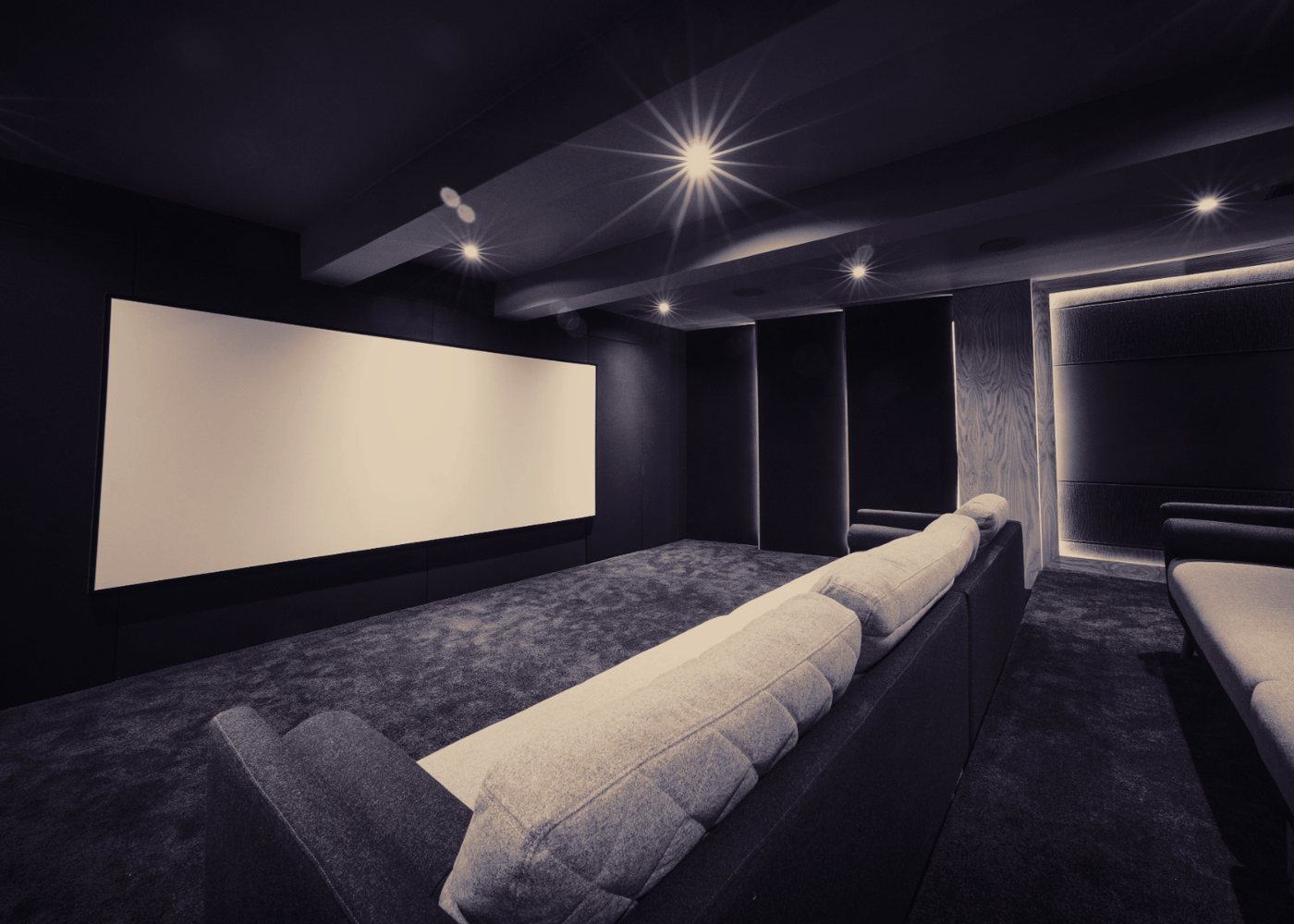 A private home cinema with acoustically treated walls and tiered seating